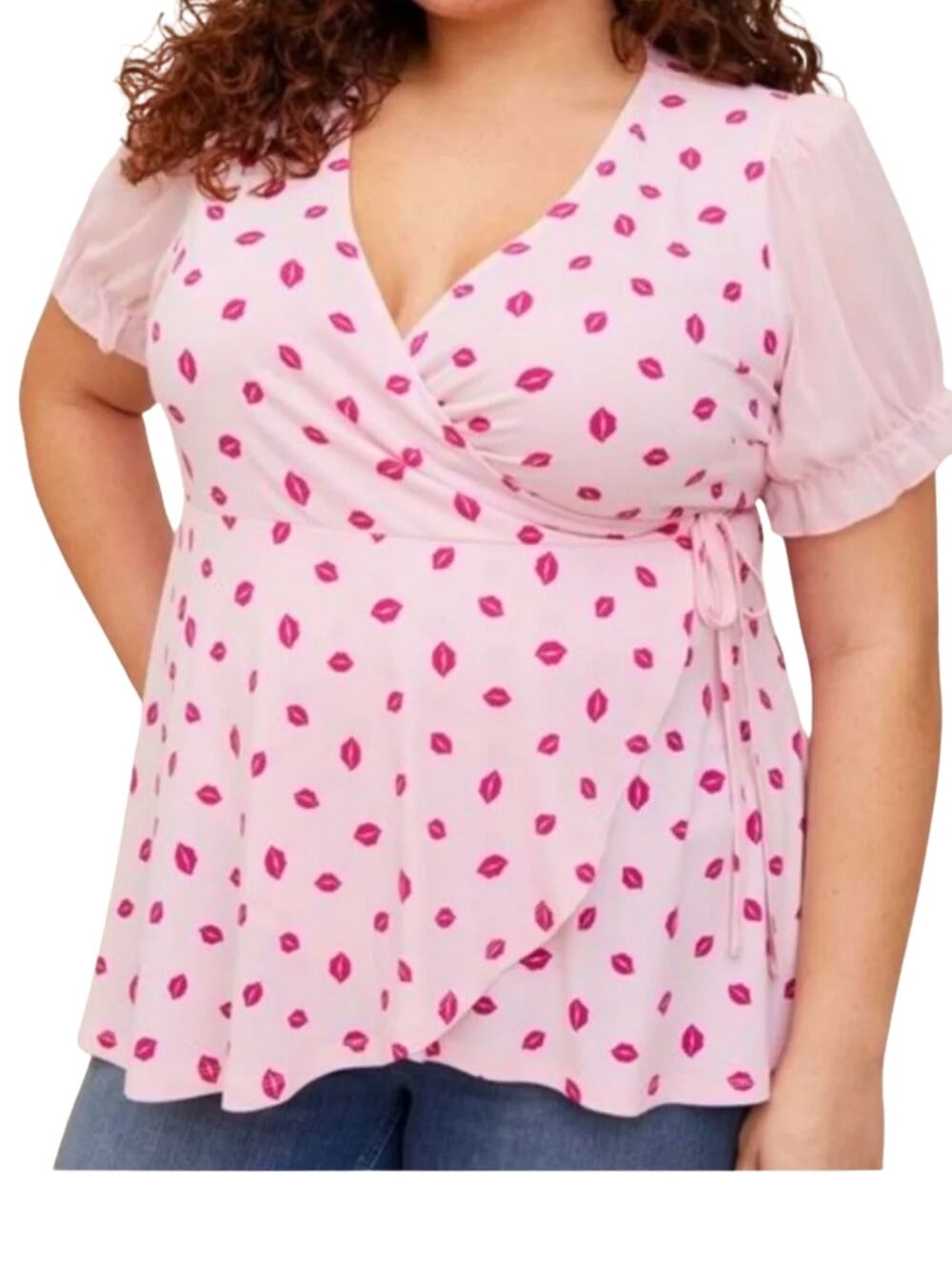 Torrid Pink Lips Print Wrap Babydoll Blouse – Torrid Size 0 - L
